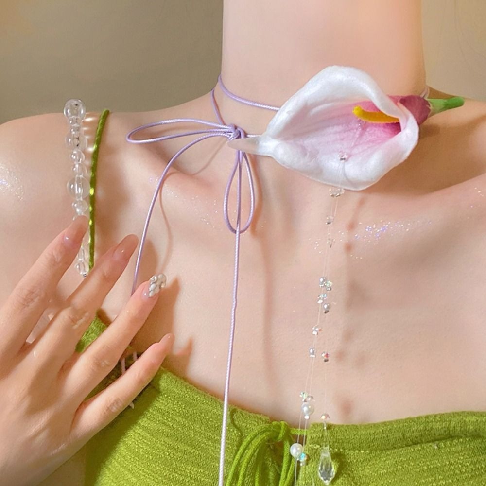 Pearl Choker Necklace Vintage - Moda przesadna Calla Lily wisiorek z