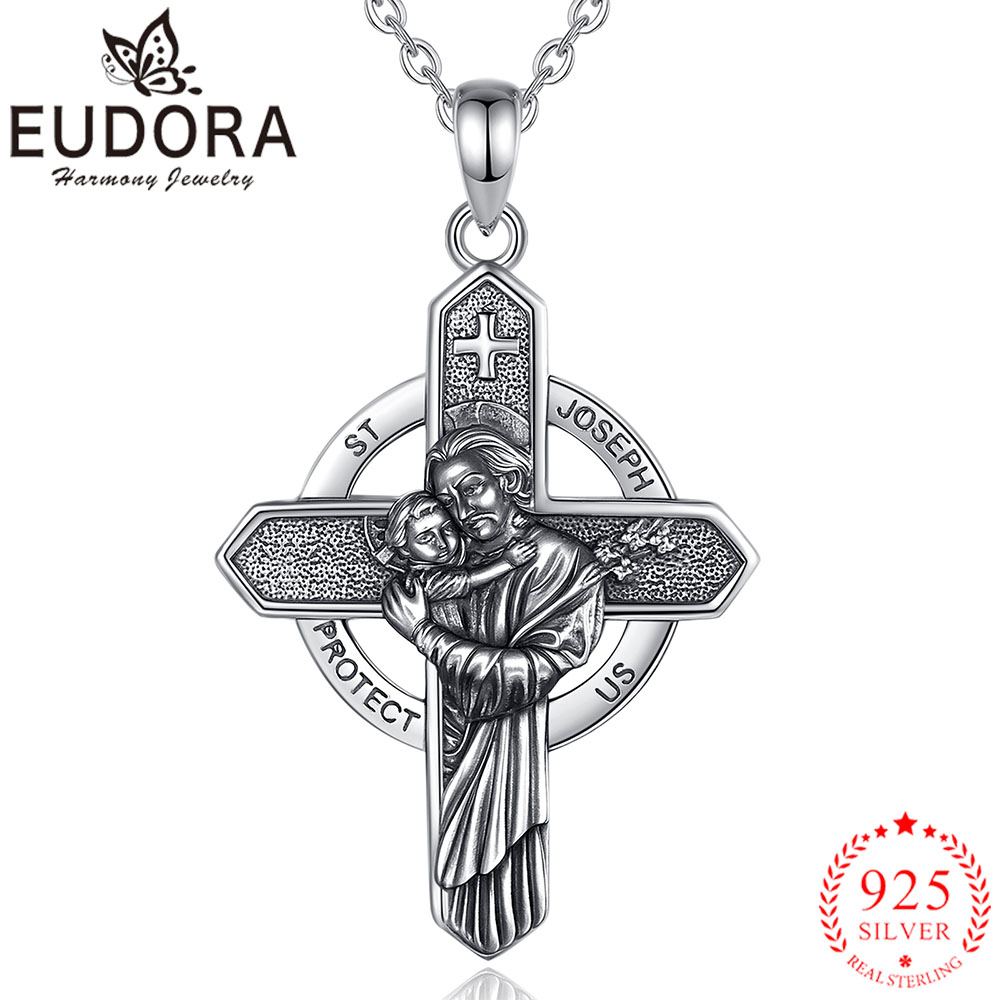 925 Sterling Silver Chain Necklace Men - Eudora Naszyjnik z wizerunkiem Świętego Józefa